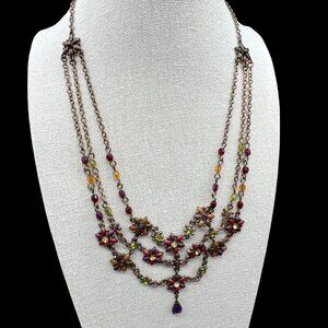 Statement Necklace Bronze Colour Chain Multicolour Beads Accents Floral Motif